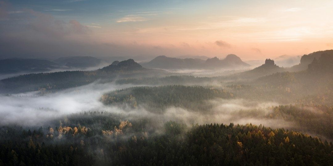 Nebel liegt bei Sonnenaufgang über bewaldeten Hügeln im Herbst